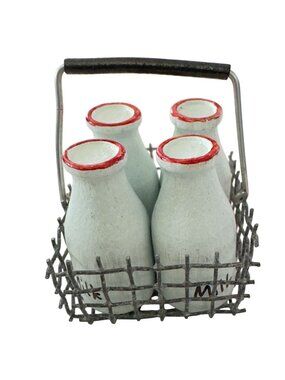 Miniature Milk Bottles Set Of 4 Wire Basket Farmhouse Dollhouse Decor 1:12 Scale